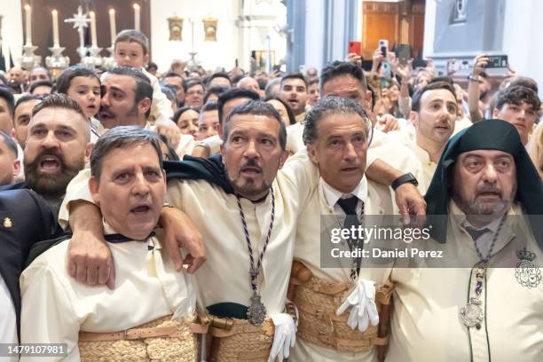 Antonio Banderas attends the Maria Santisima de Lagrimas y Favores procession at San Juan Bautista church during Holy Week celebrations on April 02,...