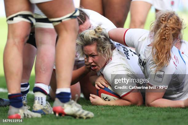 Marlie Packer of England scores their side's twelfth try during the TikTok Women's Six Nations match between England and Italy at Franklin's Gardens...