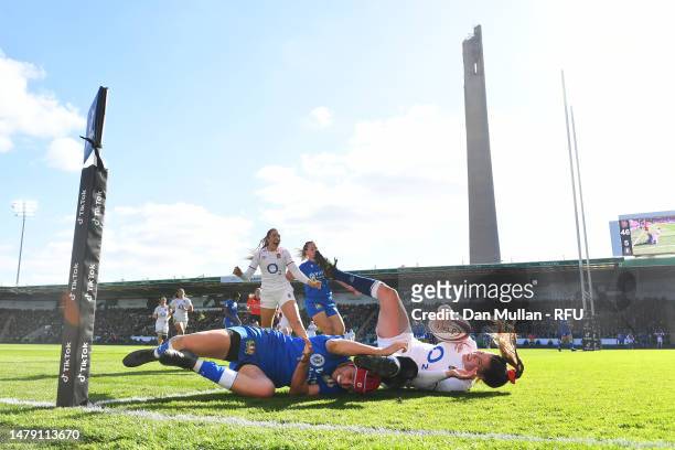 Jessica Breach of England scores the side's ninth try during the TikTok Women's Six Nations match between England and Italy at Franklin's Gardens on...