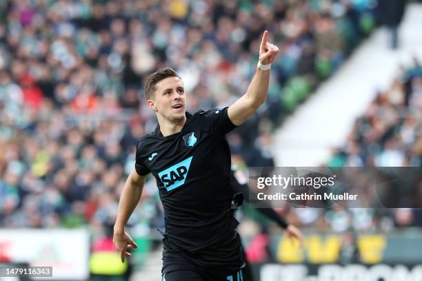 Christoph Baumgartner of TSG Hoffenheim celebrates after scoring the team's second goal during the Bundesliga match between SV Werder Bremen and TSG...