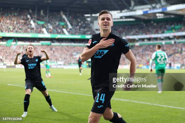 Christoph Baumgartner of TSG Hoffenheim celebrates after scoring the team's second goal during the Bundesliga match between SV Werder Bremen and TSG...