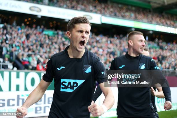 Christoph Baumgartner of TSG Hoffenheim celebrates after scoring the team's second goal during the Bundesliga match between SV Werder Bremen and TSG...