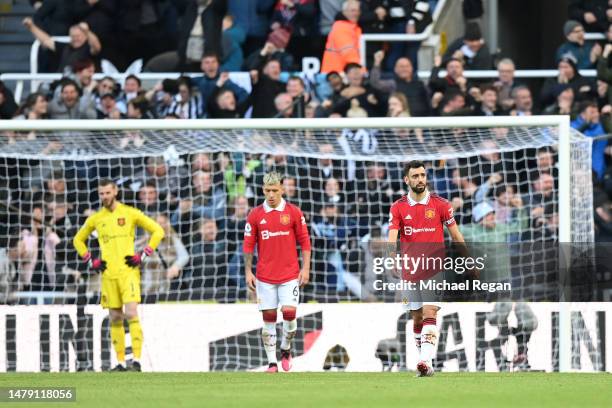 Bruno Fernandes of Manchester United looks dejected after conceding the first goal during the Premier League match between Newcastle United and...