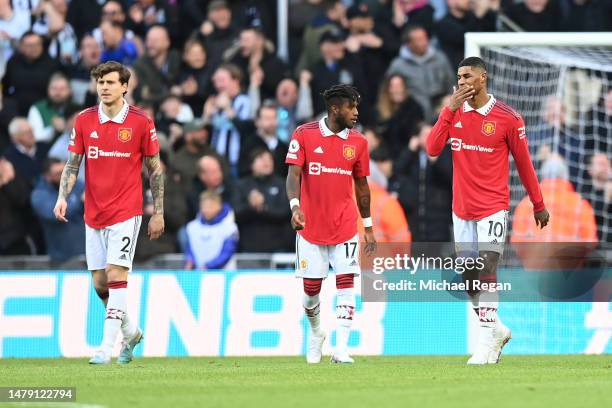 Marcus Rashford of Manchester United looks dejected after conceding the teams second goal during the Premier League match between Newcastle United...