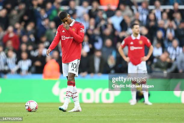 Marcus Rashford of Manchester United looks dejected after conceding the teams second goal during the Premier League match between Newcastle United...