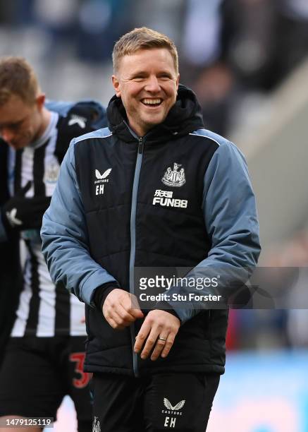 Eddie Howe, Manager of Newcastle United, smiles following the Premier League match between Newcastle United and Manchester United at St. James Park...