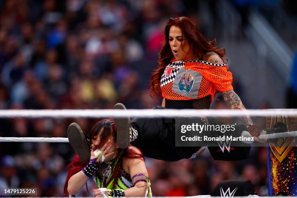 Becky Lynch, Lita and Trish Status wrestle Damage CTRL during WrestleMania Goes Hollywood at SoFi Stadium on April 01, 2023 in Inglewood, California.