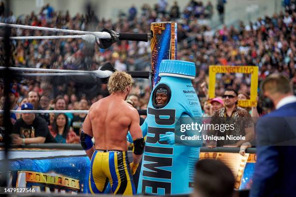 Logan Paul and KSI during WrestleMania 39 at SoFi Stadium on April 01, 2023 in Inglewood, California.