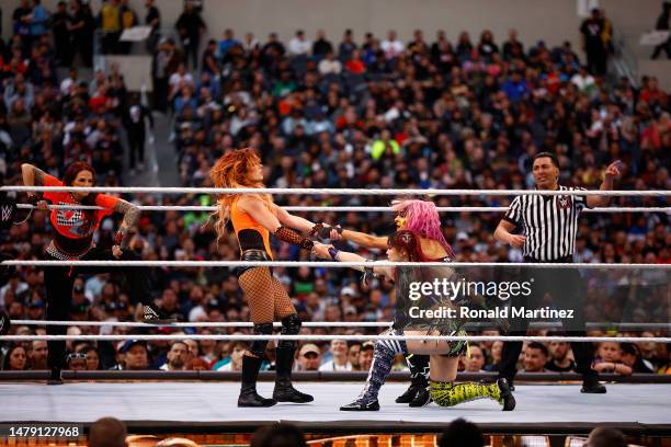 Becky Lynch, Lita and Trish Status wrestle Damage CTRL during WrestleMania Goes Hollywood at SoFi Stadium on April 01, 2023 in Inglewood, California.