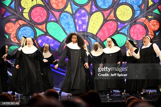 Beverley Knight performs with the cast of "Sister Act" onstage at The Olivier Awards 2023 at the Royal Albert Hall on April 02, 2023 in London,...