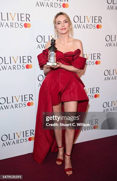 Jodie Comer, winner of the Best Actress award for "Prima Facie", poses in the winner's room during The Olivier Awards 2023 at the Royal Albert Hall...