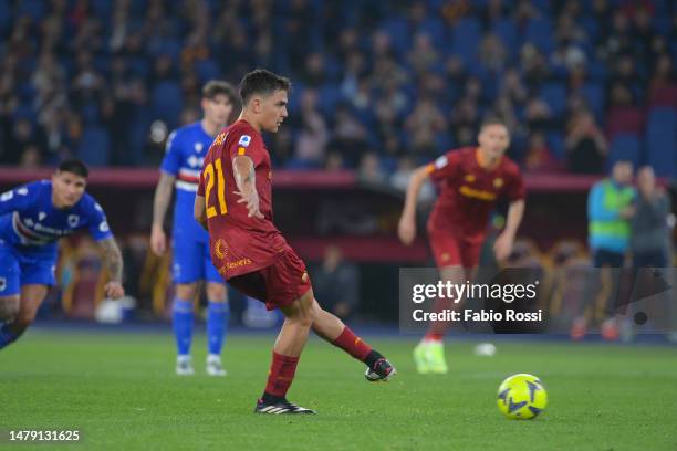 Paulo Dybala of AS Roma scores the second goal for his team during the Serie A match between AS Roma and UC Sampdoria at Stadio Olimpico on April 02,...