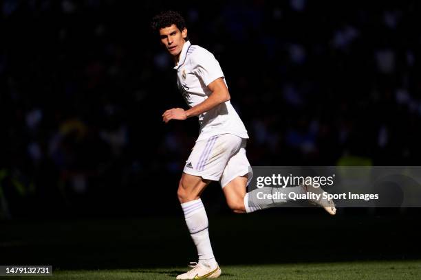 Jesus Vallejo of Real Madrid looks on during the LaLiga Santander match between Real Madrid CF and Real Valladolid CF at Estadio Santiago Bernabeu on...