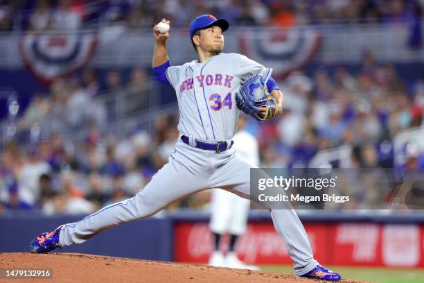 Kodai Senga of the New York Mets delivers a pitch against the Miami Marlins during the first inning of the game at loanDepot park on April 02, 2023...