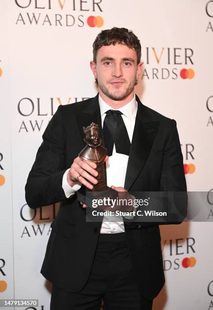 Paul Mescal, winner of the Best Actor award for "A Streetcar Named Desire", poses in the winner's room during The Olivier Awards 2023 at the Royal...