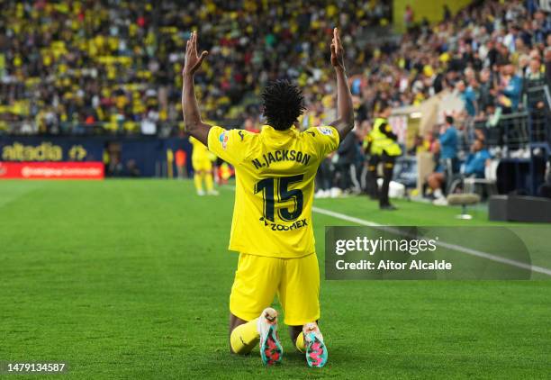 Nicolas Jackson of Villarreal CF celebrates scoring the side's second goal during the LaLiga Santander match between Villarreal CF and Real Sociedad...