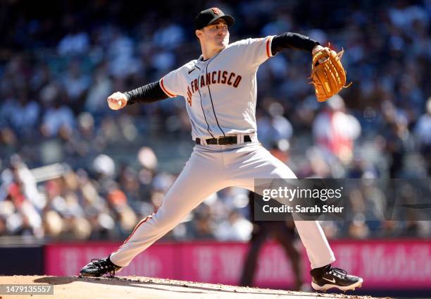 Ross Stripling of the San Francisco Giants pitches during the first inning against the New York Yankees at Yankee Stadium on April 02, 2023 in the...