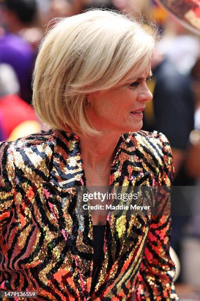 Head coach Kim Mulkey of the LSU Lady Tigers enters the stadium on the red carpet before playing against the Iowa Hawkeyes during the 2023 NCAA...