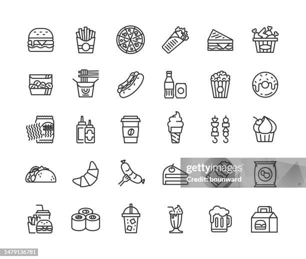 fast food line icons. bearbeitbare stroke. - zwischenmahlzeit stock-grafiken, -clipart, -cartoons und -symbole