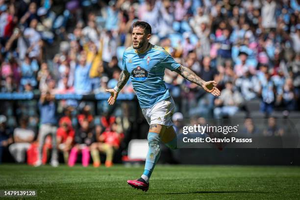 Carles Perez of RC Celta celebrates after scores the second goal during the LaLiga Santander match between RC Celta and UD Almeria at Estadio...