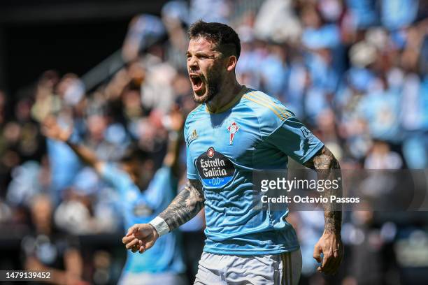 Carles Perez of RC Celta celebrates after scores the second goal during the LaLiga Santander match between RC Celta and UD Almeria at Estadio...