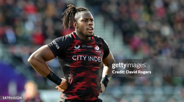 Maro Itoje of Saracens looks on during the Heineken Champions Cup match between Saracens and Ospreys at the StoneX Stadium on April 02, 2023 in...