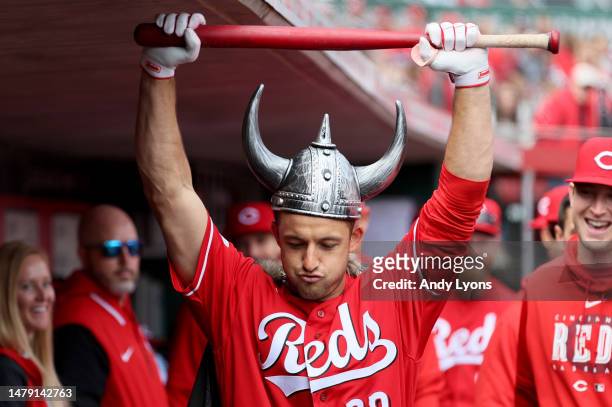 Jason Vosler of the Cincinnati Reds celebrates with teammates after hitting a home run in the second inning against the Pittsburgh Pirates at Great...