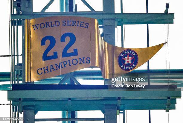 Houston Astros unveil their 2022 Championship Banner on Opening Day at Minute Maid Park on March 30, 2023 in Houston, Texas.