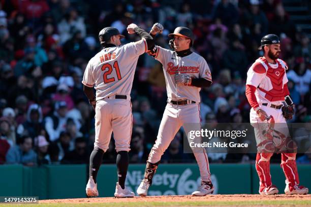 Adam Frazier of the Baltimore Orioles reacts with Austin Hays of the Baltimore Orioles during the fifth inning against the Boston Red Sox at Fenway...