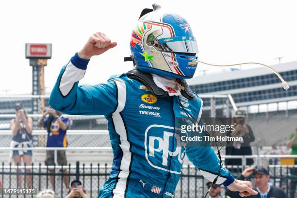 Josef Newgarden, driver of the PPG Team Penske Chevrolet, celebrates in victory lane after winning the NTT IndyCar Series PPG 375 at Texas Motor...