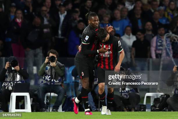 Rafael Leao of AC Milan celebrates after scoring the 0-1 goal during the Serie A match between SSC Napoli and AC Milan at Stadio Diego Armando...