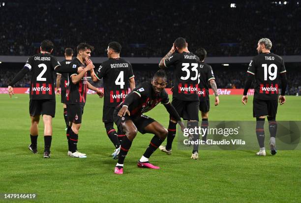 Rafael Leao of AC Milan celebrates after scoring the opening goal during the Serie A match between SSC Napoli and AC Milan at Stadio Diego Armando...