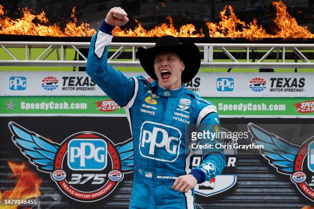 Josef Newgarden, driver of the PPG Team Penske Chevrolet, celebrates in victory lane after winning the NTT IndyCar Series PPG 375 at Texas Motor...