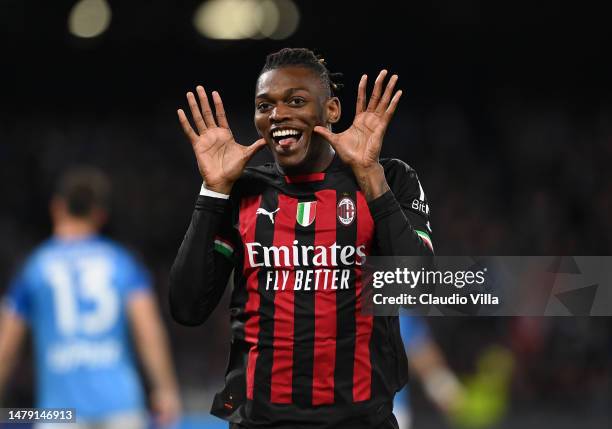 Rafael Leao of AC Milan celebrates after scoring the opening goal during the Serie A match between SSC Napoli and AC Milan at Stadio Diego Armando...