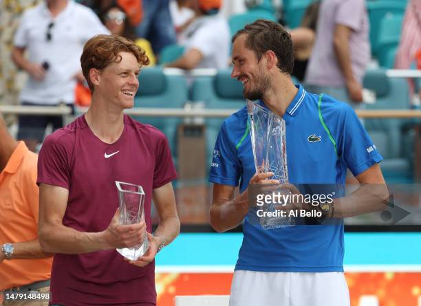 Daniil Medvedev of Russia holds the Butch Buchholz Trophy after defeating Jannik Sinner of Italy after defeating him during the Mens Finals of the...