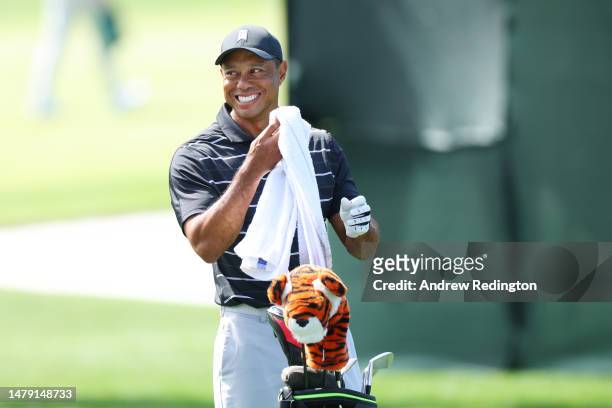 Tiger Woods of the United States looks on from the practice area prior to the 2023 Masters Tournament at Augusta National Golf Club on April 02, 2023...