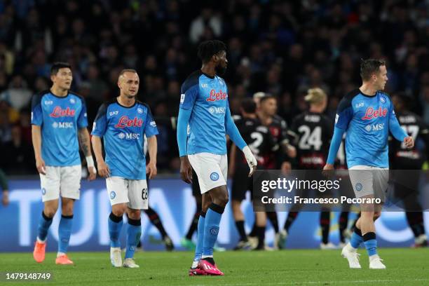 Napoli players show their disappointment during the Serie A match between SSC Napoli and AC Milan at Stadio Diego Armando Maradona on April 02, 2023...