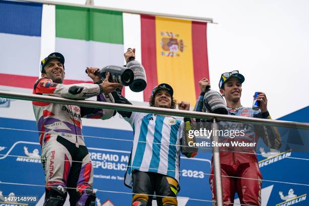 MotoGP Top 3 riders on the podium during the race of MotoGP Gran Premio Michelin de la República Argentina at Autodromo Termas de Rio Hondo on April...