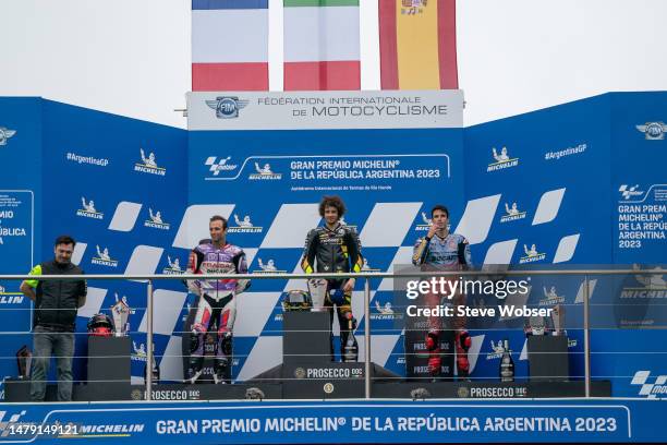 MotoGP Top 3 riders on the podium with race winner Marco Bezzecchi of Italy and Mooney VR46 Racing Team , Johann Zarco of France and Prima Pramac...