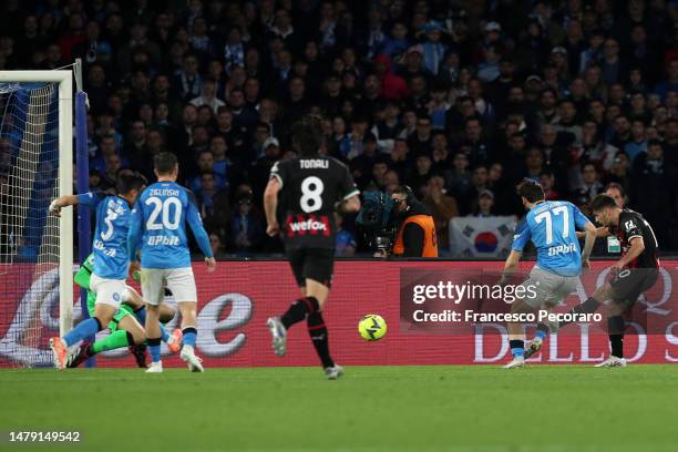 Brahim Diaz of AC Milan scores the 0-2 goal during the Serie A match between SSC Napoli and AC Milan at Stadio Diego Armando Maradona on April 02,...