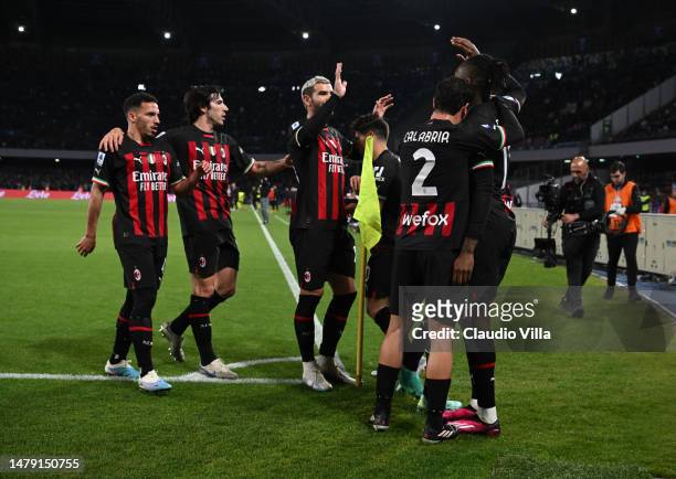 Brahim Diaz of AC Milan celebrates with team-mates after scoring the second goal during the Serie A match between SSC Napoli and AC Milan at Stadio...