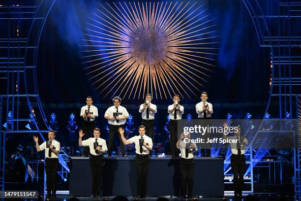 The cast of “The Book of Mormon” perform onstage at The Olivier Awards 2023 at the Royal Albert Hall on April 02, 2023 in London, England.