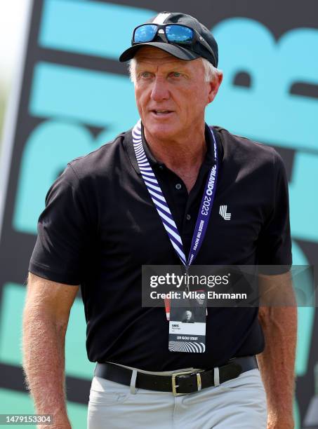 Golf CEO Greg Norman looks on during day three of the LIV Golf Invitational - Orlando at The Orange County National on April 02, 2023 in Orlando,...