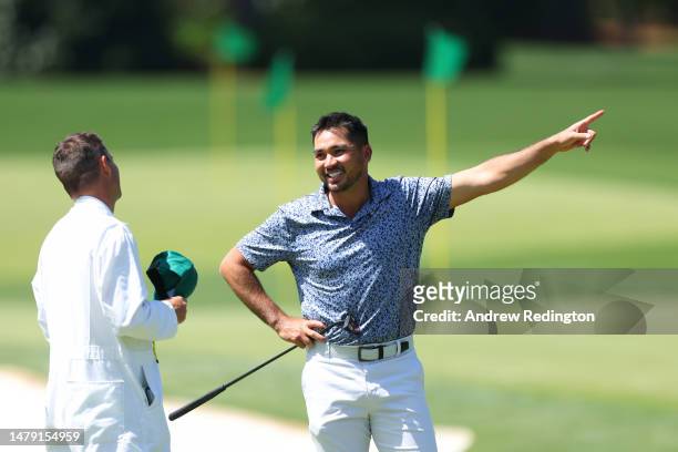 Jason Day of Australia looks on from the practice area prior to the 2023 Masters Tournament at Augusta National Golf Club on April 02, 2023 in...