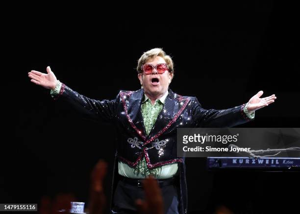 Sir Elton John Performs live on stage during his "Farewell Yellow Brick Road" Tour at The O2 Arena on April 02, 2023 in London, England.