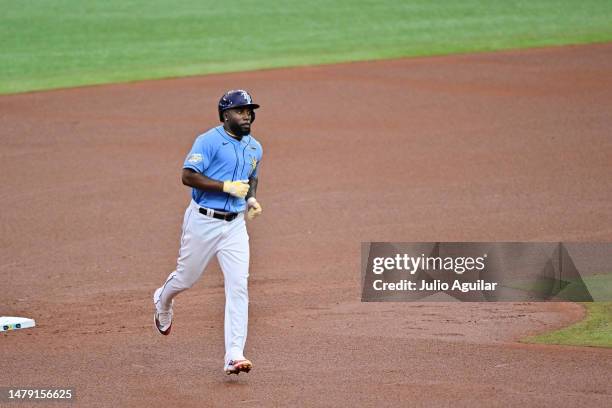 Randy Arozarena of the Tampa Bay Rays runs the bases after hitting a home run in the fourth inning against the Detroit Tigers at Tropicana Field on...