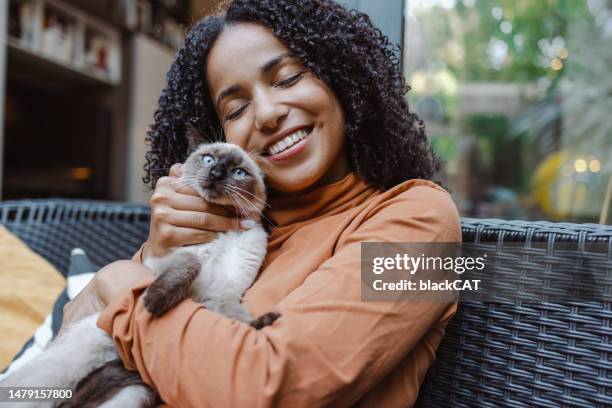 shot of a beautiful young woman enjoying a cuddle with her cat - black siamese cat stock pictures, royalty-free photos & images