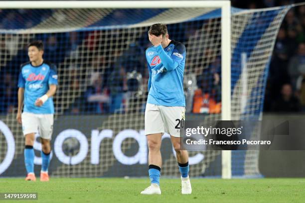 Piotr Zielinski of SSC Napoli shows his disappointment during the Serie A match between SSC Napoli and AC Milan at Stadio Diego Armando Maradona on...