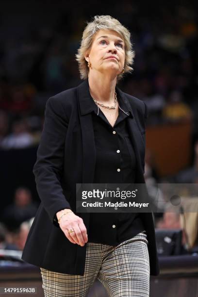 Head coach Lisa Bluder of the Iowa Hawkeyes looks on during the first half against the LSU Lady Tigers during the 2023 NCAA Women's Basketball...