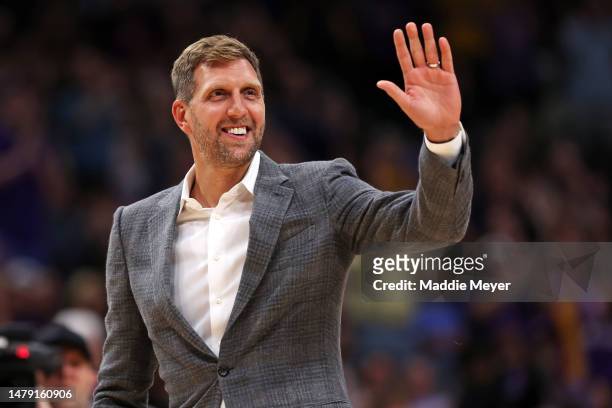Former NBA player Dirk Nowitzki reacts during the first half between the LSU Lady Tigers and Iowa Hawkeyes during the 2023 NCAA Women's Basketball...